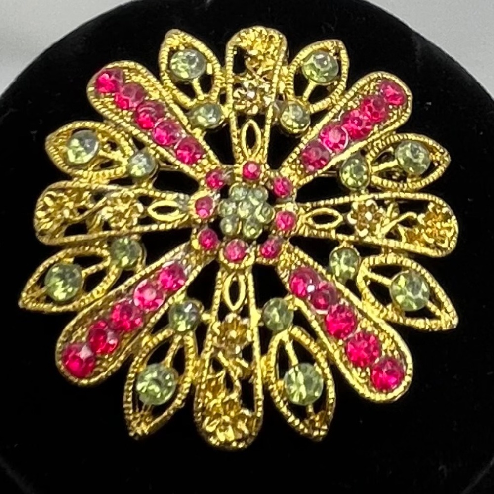 Vintage,  Detailed, Floral ,Gold Tone Brooch / Green and Pink.